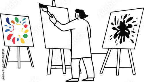 Artist painting on canvas with colorful abstract art and black splatter on easel illustration