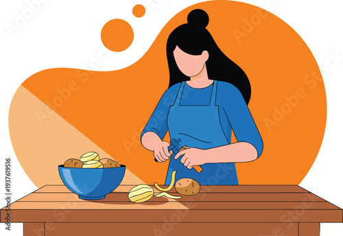 Woman Peeling Potatoes in Kitchen Vector Illustration with Cooking Preparation Food Ingredients and Home Cooking Lifestyle Concept Design