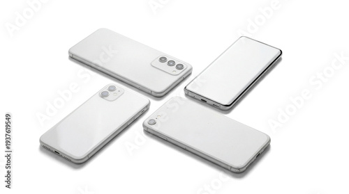 Obraz na plátně four white smartphones arranged in a circular pattern on a transparent background, displaying their rear views