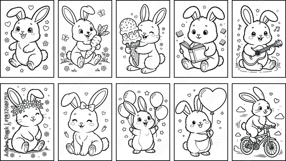 Fototapeta premium Cute bunny activities coloring pages set, adorable rabbit characters reading, playing guitar, riding bicycle, holding balloons, eating ice cream, kawaii animal line art collection for kids coloring.