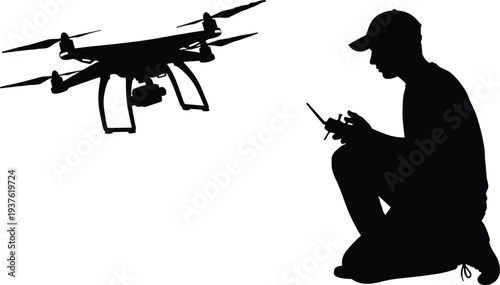 Silhouette of a Man Controlling a Quadcopter Drone with Remote Controller Outdoors in Black and White for Technology Concept