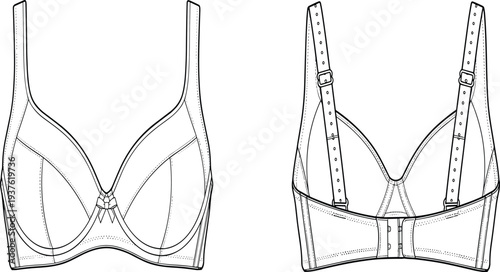 Technical Drawing of Bra Lingerie Design Showing Front and Back Views for Fashion Illustration