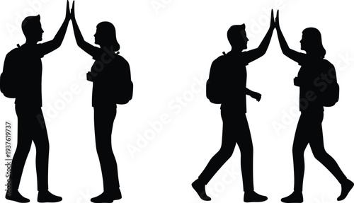Two Pairs of Happy Friends with Backpacks High Fiving in Black White Silhouette Illustration