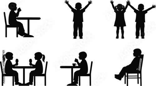 Vector Silhouette Collection of Children Playing, Drinking, and Interacting in Various Daily Scenes for Creative Design Projects
