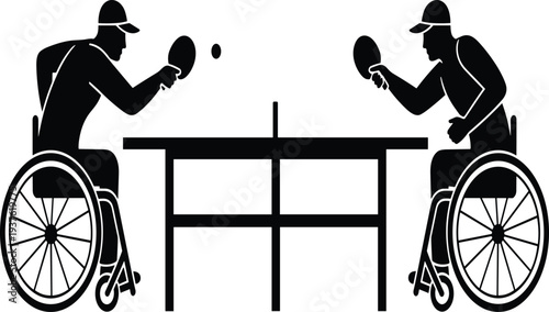 Wheelchair Athletes Playing Competitive Table Tennis Match in Black and White Silhouette for Inclusion Concept