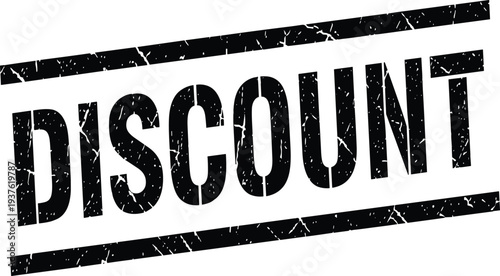 Vintage Grunge Discount Stamp Texture with Distressed Black Bold Typography on White Background for Retail Sales Promotions and Marketing Advertising Design Projects