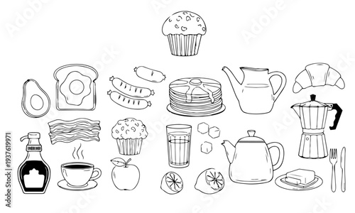 Breakfast Food Line Icon Set – Pancakes, Bacon, Coffee, Croissant and Morning Meal Outline Vector Collection