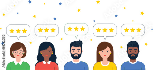 Customer Review Rating Concept Vector Illustration with People Giving Five Star Feedback Testimonials User Satisfaction and Online Service Evaluation Design
