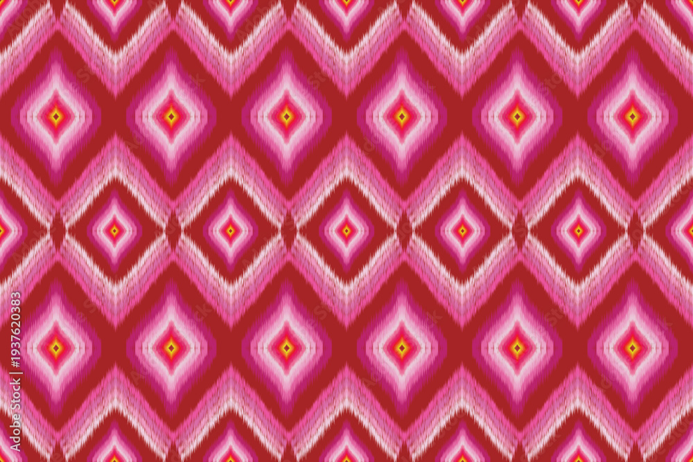 Fototapeta premium Pink and red geometric diamond ikat pattern with symmetrical repeating shapes, inspired by traditional woven textile design.