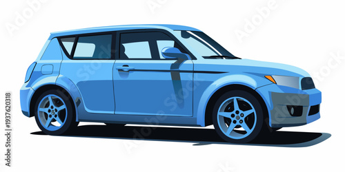 A stylized blue hatchback car is shown in a side profile view