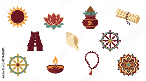 Collection of religious and cultural symbols including a sun, lotus flower, kalash, scroll, temple, conch, dharma wheel, diya, mala, and mandala.