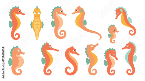 A collection of adorable cartoon seahorses in various poses and sizes, showcasing their unique aquatic charm.