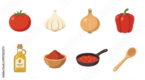 A vibrant collection of fresh ingredients and cooking tools arranged neatly for culinary preparation.