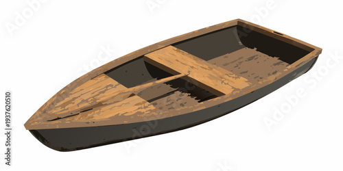 An overhead view of a weathered wooden rowboat on a white background