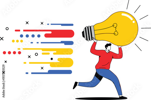 Creative Idea Concept Vector Illustration with Man Carrying Giant Light Bulb Symbolizing Innovation Inspiration Startup Thinking and Business Creativity Design