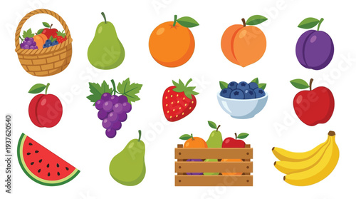 A vibrant collection of fresh fruits, including a basket, apples, pears, grapes, strawberries, blueberries, oranges, peaches, plums, and watermelons, arranged in a visually appealing display.
