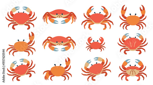 A collection of twelve cartoon-style illustrations of various crabs, each depicted with distinct colors and poses, set against a white background.