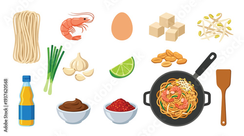A vibrant overhead illustration showcasing the essential ingredients and preparation of Pad Thai, a popular Thai noodle dish, including noodles, shrimp, tofu, egg, and spices.