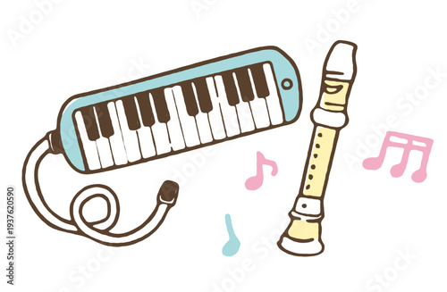 音楽の授業で使う鍵盤ハーモニカとリコーダーのイラスト
