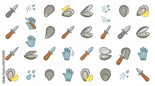 Collection of illustrated icons depicting the process of opening and preparing oysters, including tools and protective gear.