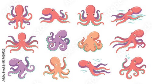 A vibrant collection of twelve cartoon-style illustrations featuring octopuses in various playful poses and colors, set against a clean white background.