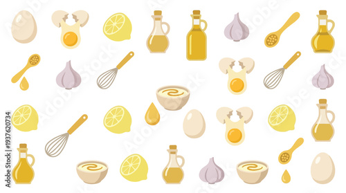 A vibrant and playful illustration showcasing the essential ingredients for making mayonnaise, including eggs, lemons, garlic, oil, and whisks.
