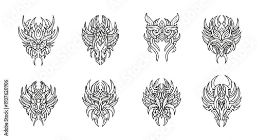 Detailed illustrations of eight unique fantasy masks with intricate designs and patterns on a clean white background.