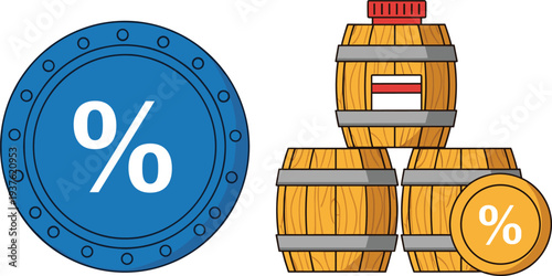 Interest Rate Concept Vector Illustration with Percent Symbol and Wooden Barrels Representing Finance Banking Savings Investment and Economic Growth Design