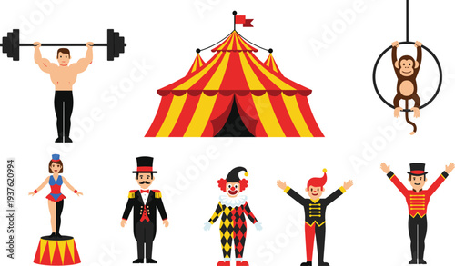 Circus Performance Vector Set with Strongman Clown Ringmaster Acrobat Monkey and Big Top Tent for Carnival Show Entertainment Illustration Design