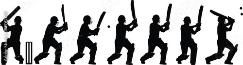 cricket, batsman, batting, swing, sequence, silhouette, sports, action, player, hitting, shot, motion, progression, athlete, cricketing, strike, training, illustration, vector, isolated