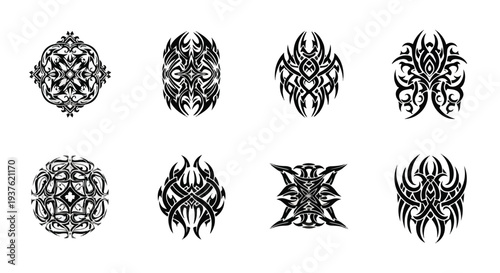 Set of eight intricate black tribal tattoo designs on a white background, featuring various symmetrical patterns and many people inspiration