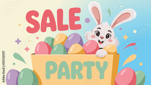 Happy easter bunny in a box of colorful eggs with sale party text