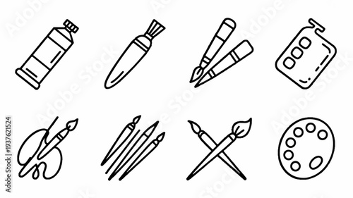 Artist's painting tools and supplies including brushes palette and paint bottles for creative hobbies and artistic expression