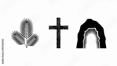 Symbolic trio of palm leaves cross and cave entrance on white background representing faith spirituality and journey