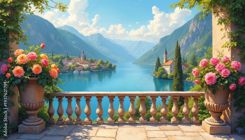 Fototapeta premium Balcony offers view of lake town and mountains. Potted roses frame scene with green vines. Sunny day over calm blue water and distant peaks. Beautiful architectural balcony setting.