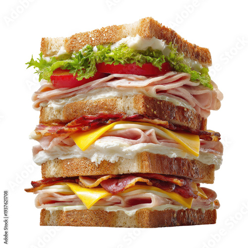A towering, layered sandwich with toasted bread, various meats, cheese, and fresh vegetables