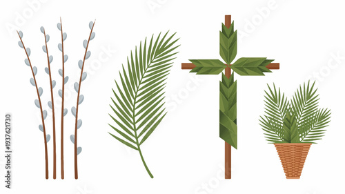 Palm leaves and branches for decoration palm cross plant in pot easter and palm sunday symbols