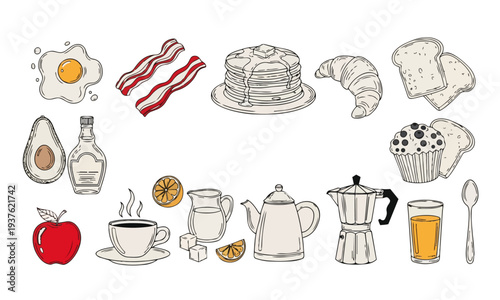 Breakfast Food Illustration Set – Eggs, Bacon, Pancakes, Coffee and Bakery Morning Meal Vector Collection