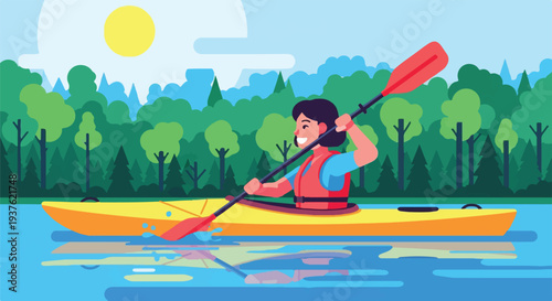 Vibrant illustration of a cheerful woman enjoying a sunny day of kayaking on a serene lake surrounded by a lush forest, perfect for summer adventure and outdoor recreation