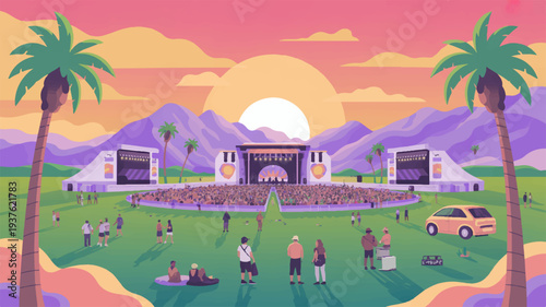 Music festival scene with people enjoying live concert at sunset in a park with palm trees and mountains