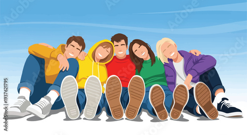 Joyful diverse young friends sitting together, showcasing their casual footwear and radiating happiness, symbolizing carefree youthful companionship and shared moments under a bright blue sky