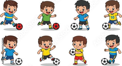 Cute Kids Playing Soccer Vector Set with Cartoon Boys Kicking Football Ball in Different Poses for Children Sports Activity Illustration Design