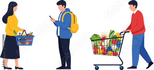 People Grocery Shopping Vector Illustration with Customers Carrying Basket Using Smartphone and Pushing Cart with Fresh Food at Supermarket