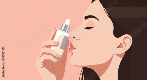 Woman with closed eyes holding a bottle of serum near her nose for a gentle scent test