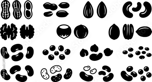 Various types of beans and peanuts icon set.
