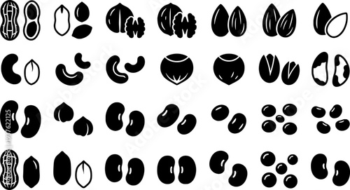 Various types of beans and peanuts icon set.
