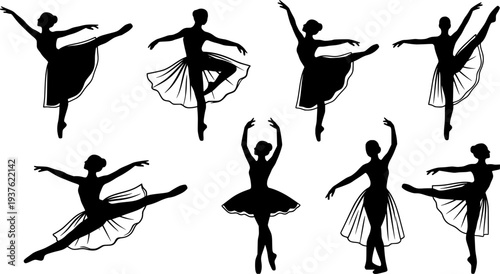 Black ballet dancer silhouettes in various poses white background
