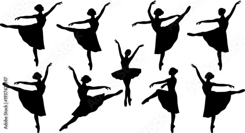 Black ballet dancer silhouettes in various poses white background
