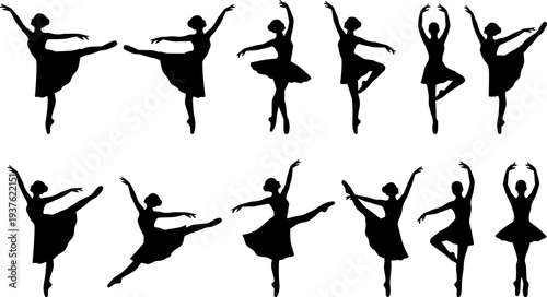 Black ballet dancer silhouettes in various poses white background

