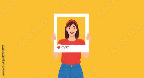 Modern young woman joyfully interacting with a digital social media frame, embodying online connection, content sharing, and positive digital lifestyle